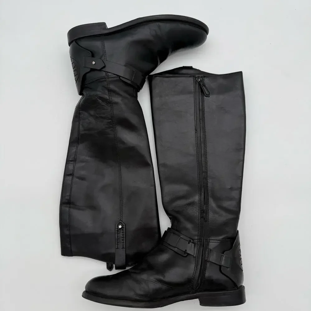 Tory Burch Colton Leather Equestrian Riding Knee High Zip Up Boots Black Size 8